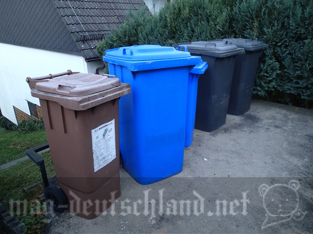 ドイツのゴミ箱、茶色、青、黒。